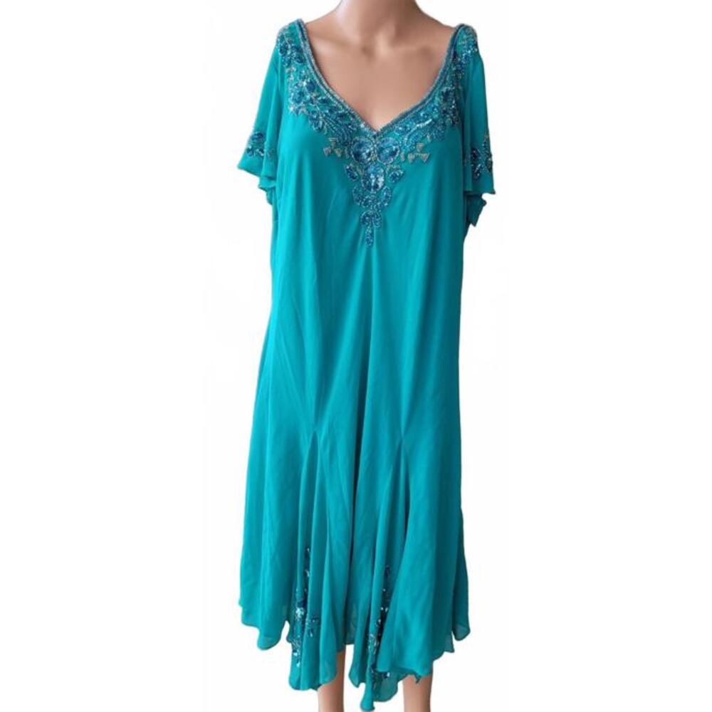 JKARA Plus Size Women's Aqua Blue Cocktail Beaded Flutter Fashion Dress Size 22W
